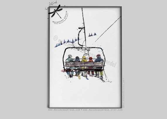 Family of 5 in chairlift art print watercolor Skier skiers artwork Ski lift art skis print snowboarder Sport skiing ski resort artwork