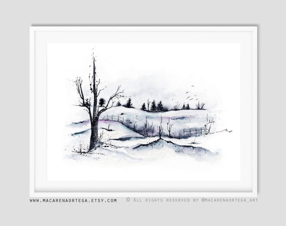 N57 | Snowy Forest Landscape Watercolor Art Print | Rustic Winter Nature Scene, Snowy Landscape Wall Decor | Macarena Ortega Art