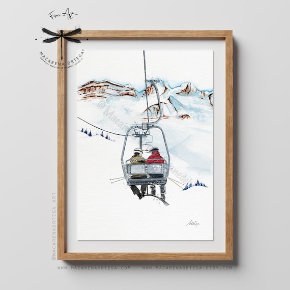 Skier Couple in Candanchú Ski Station Vintage Chairlift Watercolor Art Print | Spain Ski Resort Painting, Art Skiing| Macarena Ortega | N206