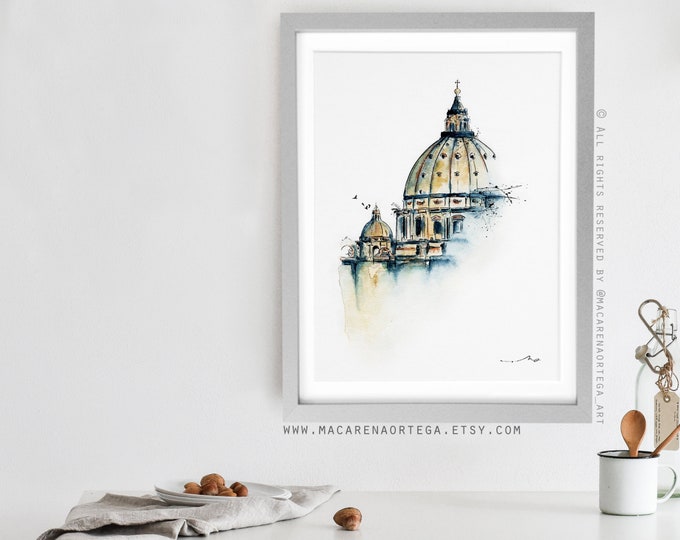 Dome of Saint Peter's Basilica Painting Vatican Italy Painting Duomo The Papal Basilica painting Art Print Rome Cathedral Sketch (022)