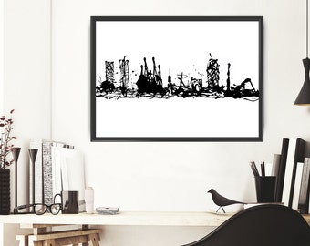 Barcelona Skyline art print (Nº64) painting BCN black and white inks Spain handmade poster Illustration print city modern wall decor (064)