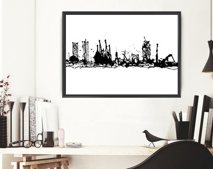 Barcelona Skyline art print (Nº64) painting BCN black and white inks Spain handmade poster Illustration print city modern wall decor (064)