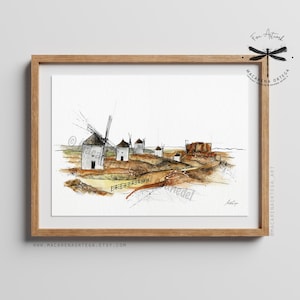 Windmühlen von La Mancha Aquarell Kunstdruck | Don Quijote Illustration, Spanien Reiseplakat, Cervantes inspirierte Kunst | MacArena Ortega | N93