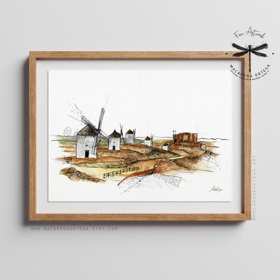 Windmills of La Mancha Watercolor Art Print | Don Quixote Illustration, Spain Travel Poster, Cervantes Inspired Art | Macarena Ortega | N93