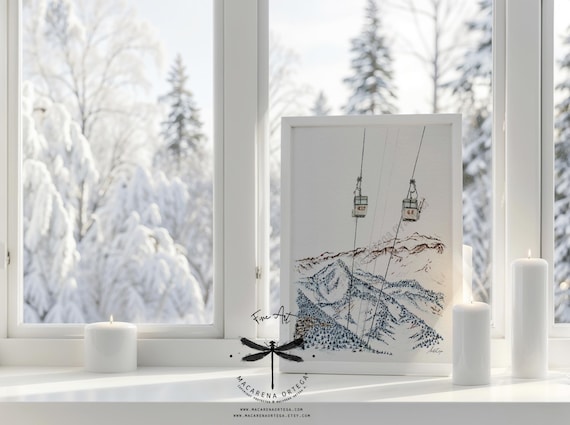 Verbier Old Góndola lift Print, Vintage Cabin Watercolor Art | Nostalgic Retro Ski Switzerland | Alps Ski Lift | Macarena Ortega | N143