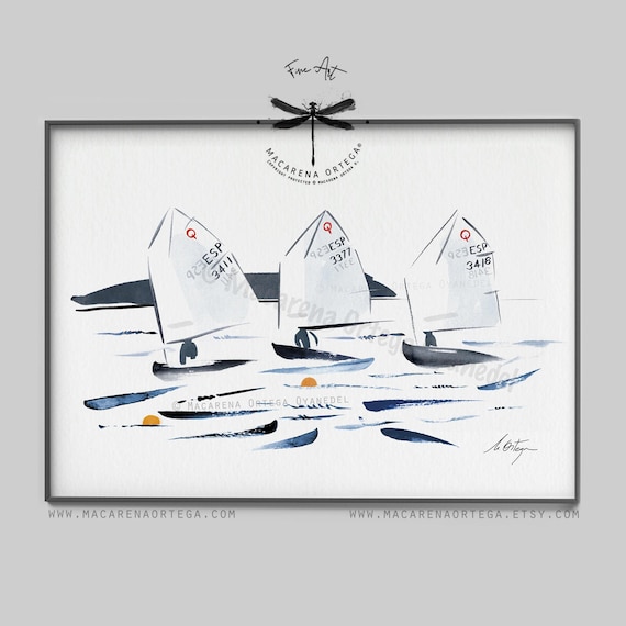 Optimist Regatta, Watercolor Art Print, Sailing Boats Artwork, Coastal Ocean Wall Art, by Macarena Ortega | N193