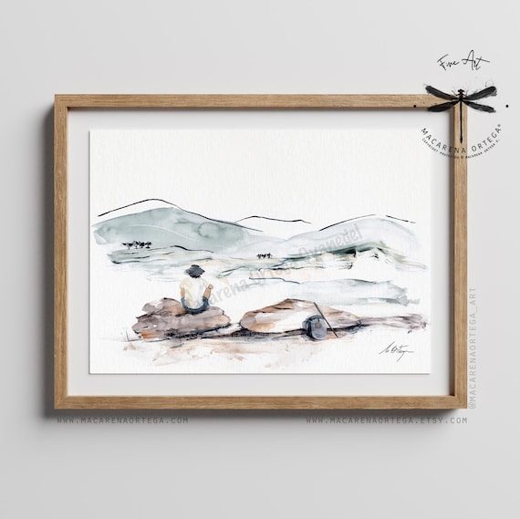 Camino de Santiago Watercolor Art Print | Pilgrim Resting Landscape | Santiago Pilgrim Gift | Camino de Compostela | Hiking Wall | N39
