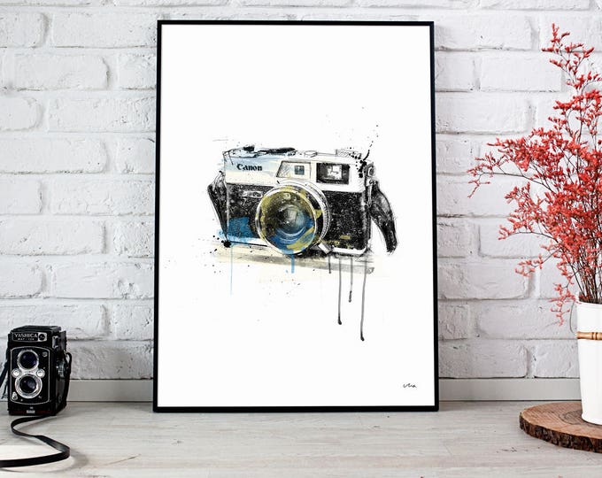 Canon G-III QL17, from 70' vintage photo camera collage print painting retro camera handmade print modern original poster leica camera (073)