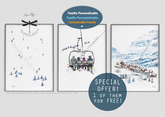 Custom Family Chairlift Ski Art Prints Set of 3 Prints, 1 of them for Free! Personalized Ski Outfits of People in Chairlift, Macarena Ortega