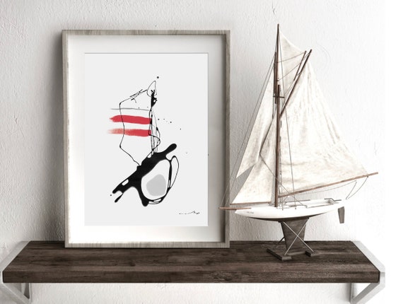 N195 | Sailboat Abstract Art Print | Nautical Minimalist Painting, Red & Gray Modern Surrealist Fine Art | Contemporary Wall Decor Artwork