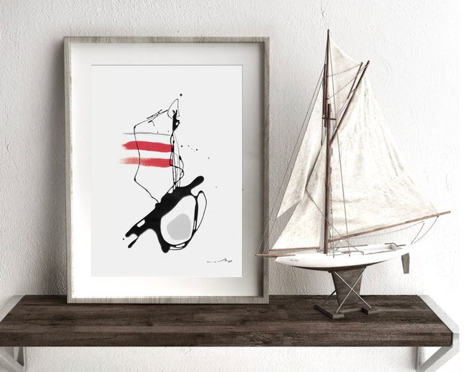 Sailboat Abstract Painting (Nº195) Art Print Nautical Minimalist Modern fine art red and gray surrealist Wall art Decorative Art Home (195)