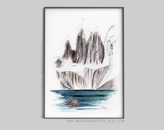 Torres del Paine, Chile Mountain painting Chile Patagonia watercolor print adventurer Climbers Mountaineers Hikers outdoor lover print (44)