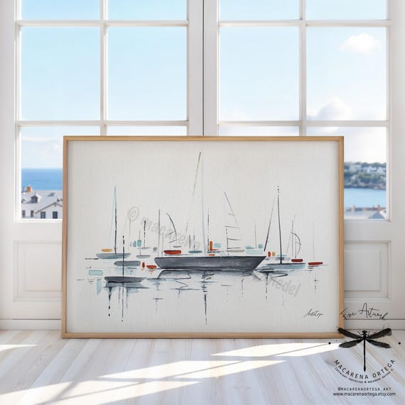 Sailboats in port Watercolor Art Print minimalist | Nautical Coastal Painting, Sailing Boat Artwork, Beach Decor Sea Ocean | Fine Art | N137