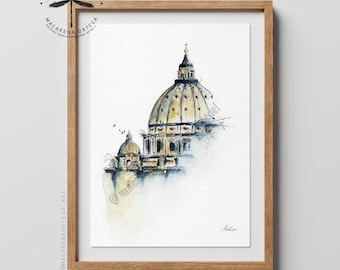 Koepel van de Sint-Pietersbasiliek, aquarel giclée print, Vaticaanstad, Rome, architectuur muurdecoratie | N22