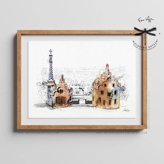 Parc Güell Entrance Watercolor Art Print | Gaudí, Barcelona, Modernist Architecture Bcn Sketching| Handmade Artwork by Macarena Orteg | N162