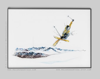 Skier jumping painting watercolor (Nº95) print Skiing skier Skiing jumping art snowboard and mountain ski lovers skis print Sport Snowy (95)