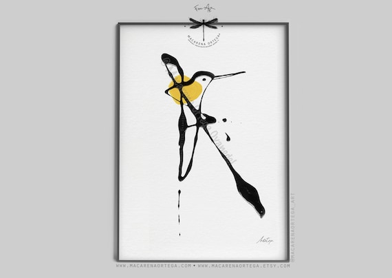 Hummingbird Art Print | Minimalist Bird Illustration, Modern Nursery Wall Art, Scandinavian Style, Nature Decor in Yellow and Black | N38
