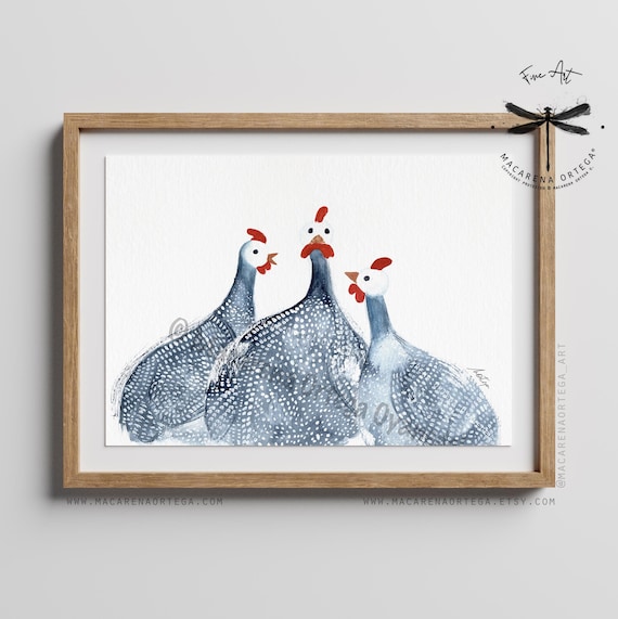 Portrait of Three Guinea Fowl, Watercolor Art Print, Farmhouse Wall Decor, Rustic Bird Painting, Country Kitchen by Macarena Ortega | N83
