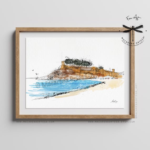 Tossa de Mar Art Print | Costa Brava Watercolor, Mediterranean Beach Painting, Spain Travel Wall Art Barcelona Coast Sketch | Coastal | N176