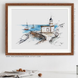 N51 | Cadaqués Leuchtturm Aquarell Kunstdruck | Costa Brava, Dalí, Figueres Illustration Spanien Aquarell Kunst| Grafik durch Macrenne Ortega