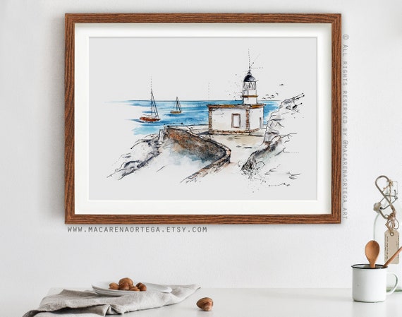 N51 | Cadaqués Lighthouse Watercolor Art Print | Costa Brava, Dalí, Figueres Illustration Spain Watercolor Art| Artwork By Macarena Ortega
