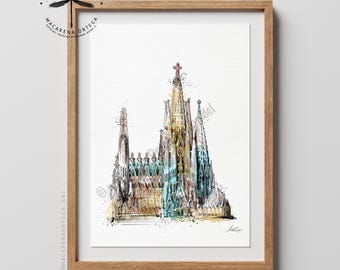 Sagrada Familia Architecture Sketch Art Print | Gaudí Barcelona Watercolor | Modernist Spain Wall Art | Travel Poster | European City | N161