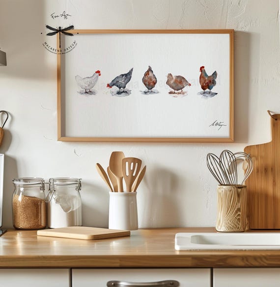 Five Hen Friends Watercolor Art Print | Kitchen wall art, Minimalist Farm Animal Cozy Home Decor, Rustic Style, Gift Idea for Grandma | N168