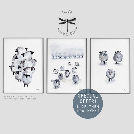 Sheep Clouds Watercolor Art Print Set | 3 Playful Sheep Prints one of them for free | Cute Nursery, Farm Animals | art by Macarena Ortega