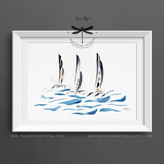 Trimaran Sailboats Watercolor Art Print Minimalist | Nautical Coastal Painting, Modern Sailing Artwork, Ocean Sea Decor | Fine Art | N203