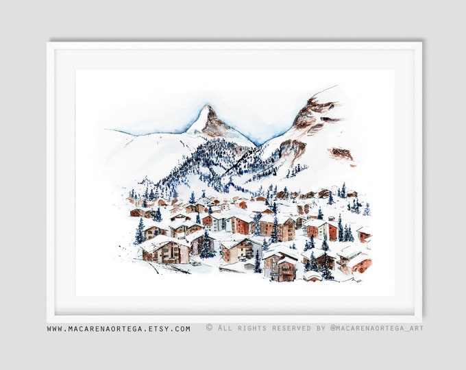 Zermatt Matterhorn Mountain art print watercolor (Nº66) Ski Switzerland and Italy cabin lift Alps ChairLift Ski lift art skiing resort (66)