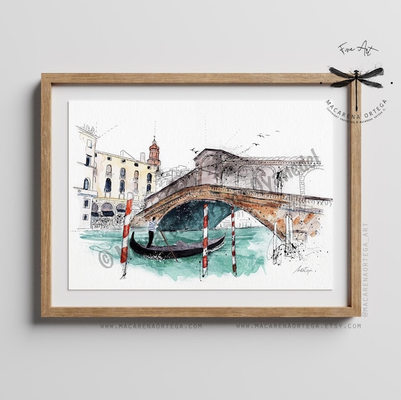 Ponte di Rialto Art Print | Venice Watercolor Sketch, Rialto Bridge Painting, Venezia Italy Travel Wall Art | Artwork Macarena Ortega | N131