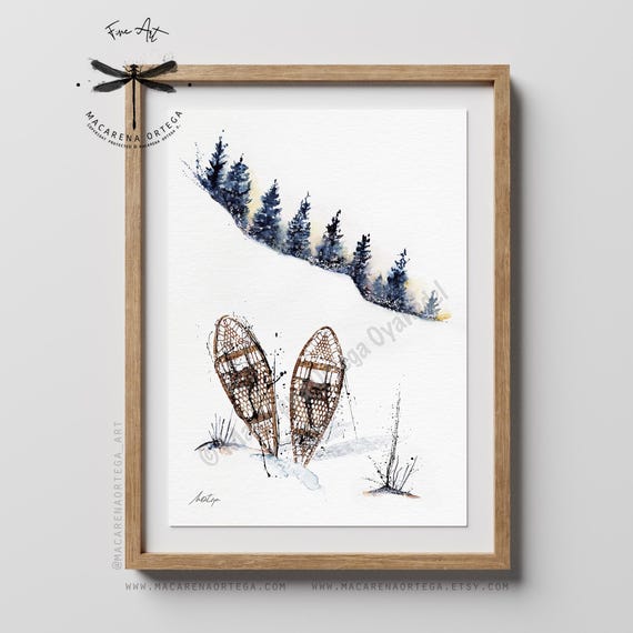 Old Snowshoes Watercolor Art Print | Vintage Ski Print | Snowy Landscape, Outdoor Skiing | Apreski Ski Artwork, Skiers Print, Handmade | N39