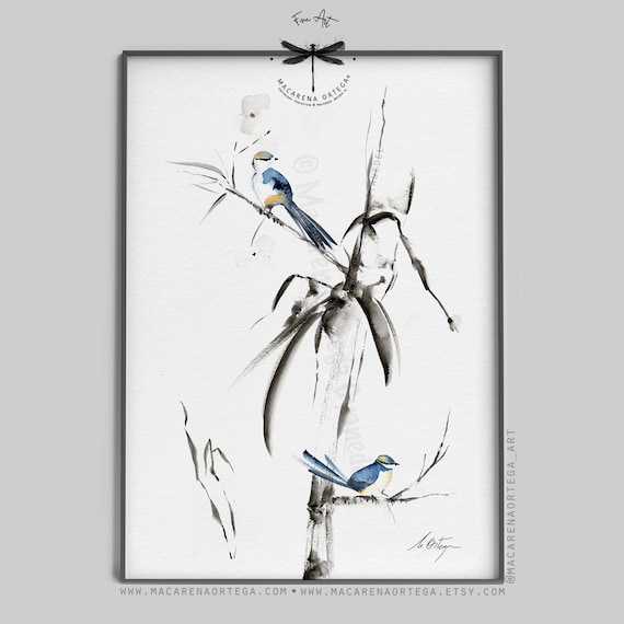 Two Blue Tits Bird Watercolor, Art Print, Japanese Inspired, Oriental Nature Wall Art, Rustic Farmhouse Decor, Country Cottage | N215