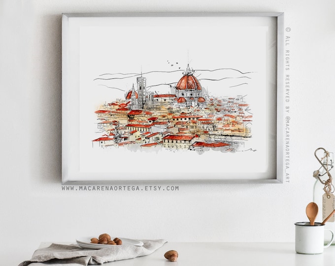 Florence Italy Painting Firenze Duomo Art Print Florence Skyline Italy art print painting Cathedral art Sketch Painting Europe (002)