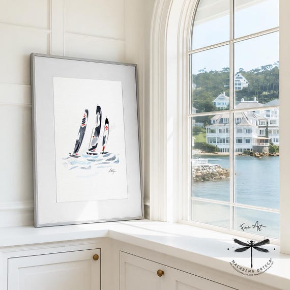 Figaro Sailing Regatta Watercolor Art Print | Minimalist Sailboats, Nautical Wall Art, Ocean Racing | Macarena Ortega | N202
