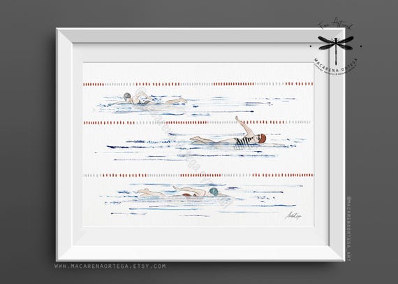 Woman Swimming Pool Watercolor Art Prints | Tiny Swimmers Summer Wall Poster | Beach House Decor | Sea Coastal Wall Art Nautical | N132