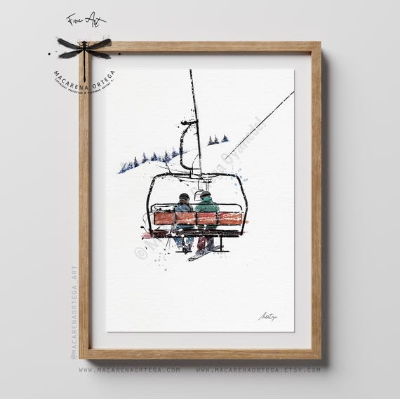Skier & Snowboarder in Chairlift Watercolor Art Print Handmade | Ski Resort Skiing Illustration | Winter Sports Artwork | Après-Ski Dec