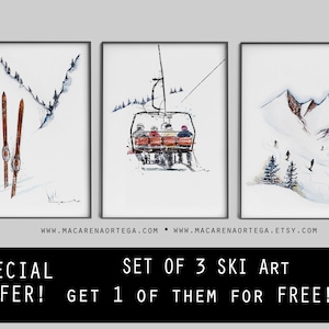 SKI ART SET de 3 tirages dont 1 gratuit Offre spéciale Décoration d'intérieur montagne, décoration hivernale, impressions d'art de ski, art mural de ski, cadeau de Noël image 1