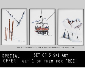 SKIING ART SET of 3 prints 1 of them for free!! Special Offer Mountain home decor winter decor ski art prints ski wall art Christmas gift