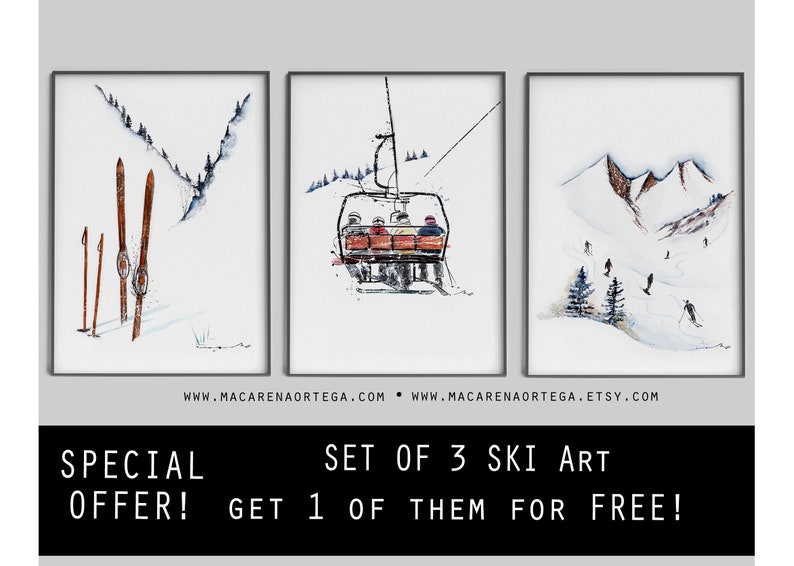 SKI ART SET de 3 tirages dont 1 gratuit Offre spéciale Décoration d'intérieur montagne, décoration hivernale, impressions d'art de ski, art mural de ski, cadeau de Noël image 1