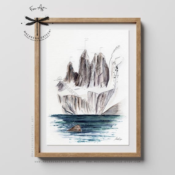 Torres del Paine Watercolor Art Print | Patagonia Mountain Painting | Adventurer Climbers Mountaineers Hikers Outdoor Decor | Handmade | N44