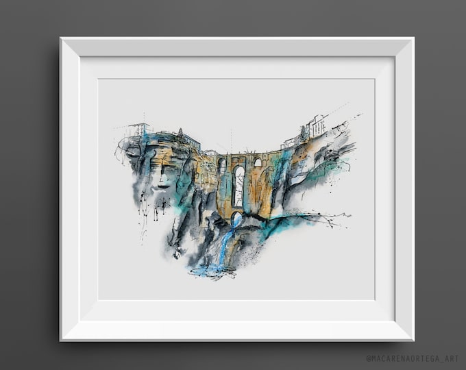 Ronda Spain Art Print The new Bridge print The Puente Nuevo Print  New Bridge painting print Malaga Andalusia Spain Painting Art print (096)