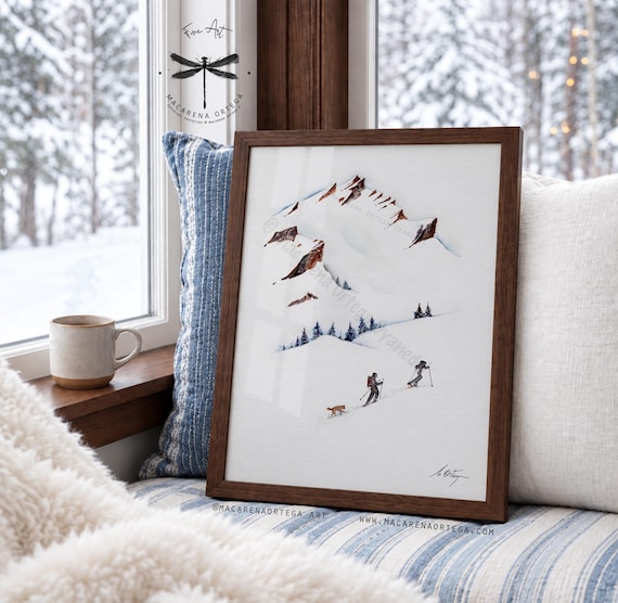 Two Mountain Skiers with Dog Watercolor, Art Print, Skimo Ski Touring Adventure, Backcountry, Alpine Winter Art, by Macarena Ortega | N35