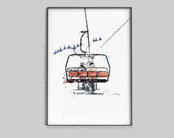 2 snowboarders in chairlift watercolor Skiers (N72/78/101/28/40) Ski lift art skis print snowboarder Sport skiing ski resort