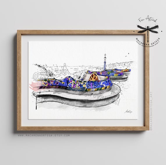 Parc Güell Terrace Watercolor Art Print | Gaudí Architecture Art, Barcelona Sketch Poster BCN Prints | by Macarena Ortega Art | N160