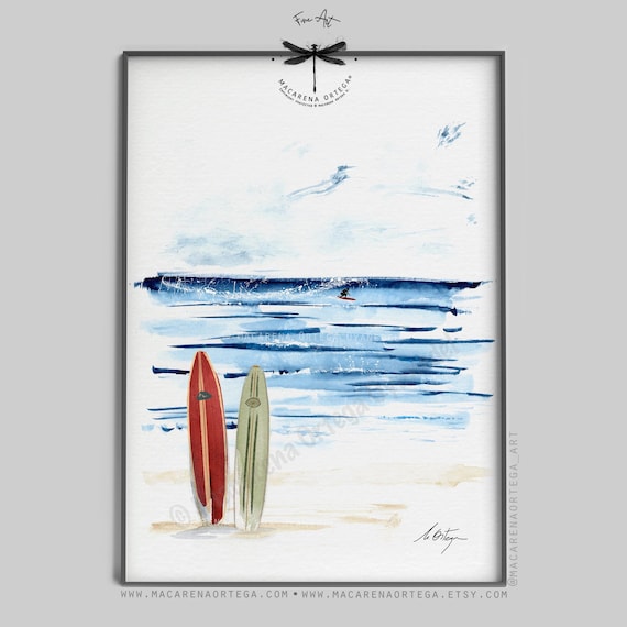 Surfboards on the Sand Watercolor Art Print | Minimalist Surfing Wall Decor | Ocean Wave Artwork | Sea Lover Gift | N207