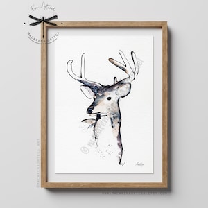Stampa artistica di cervi ad acquerello / Dipinto moderno di cervi / Fauna selvatica del bosco invernale / Arte di animali della natura della foresta / Stampa di animali selvatici fatta a mano / N19