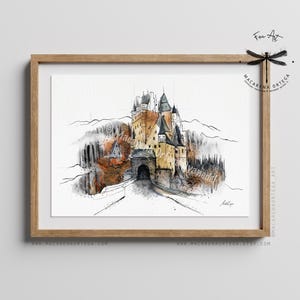 Stampa artistica ad acquerello del castello di Burg Eltz / Dipinto di un castello medievale tedesco, Architettura moderna, Arte di viaggio in Europa / Macarena Ortega / N109