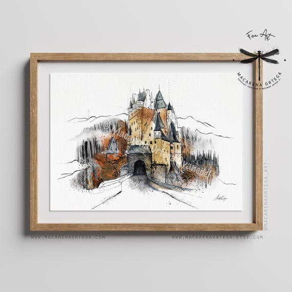 Burg Eltz Castle Watercolor Art Print | Medieval Germany Castle Painting, Modern Architecture Travel Art Europe Art | Macarena Ortega | N109
