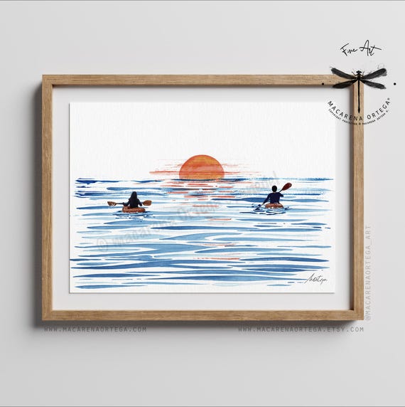 Kayaking Sunset Watercolor Art Print | Canoeing Sea Decor, Summer House, Kayak Wall Art | Sports Canoe Water Navigation Art | Coastal | N141